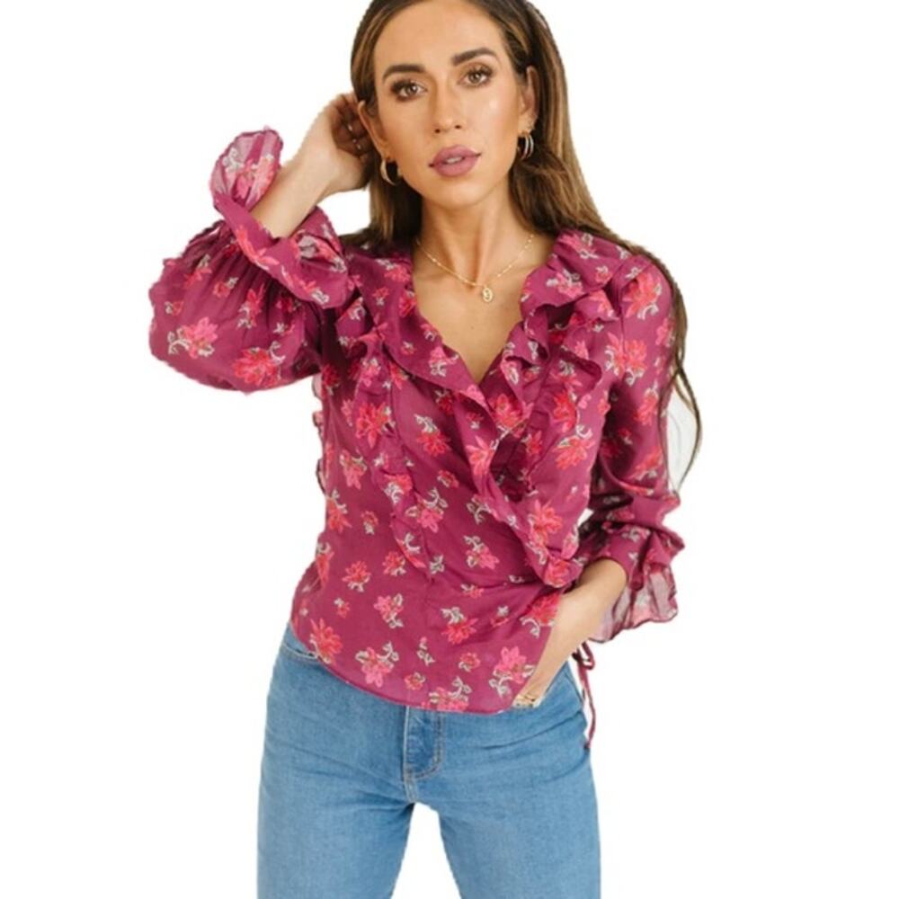 FREE PEOPLE Amanda Ruffle Long Sleeve Top In Sultry Combo Size S NWT
